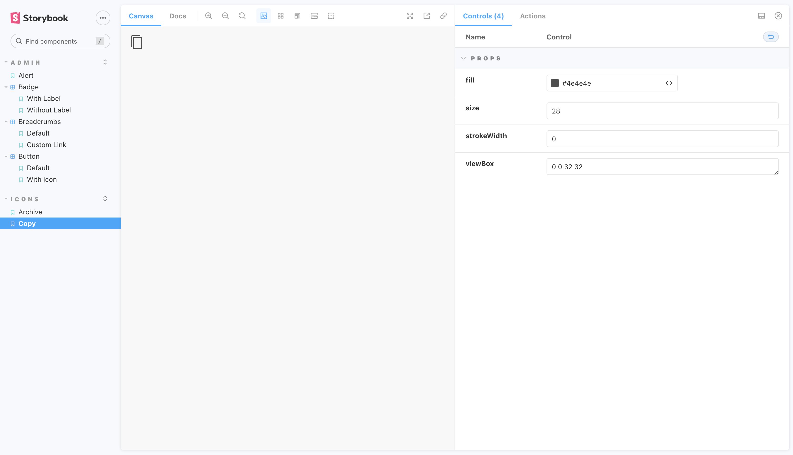 Icons Storybook view